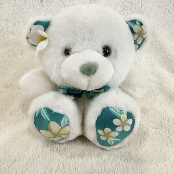Vintage Nani Stufs White Bear Hawaiian Plumeria Blue Pattern Feet Ears 7” Plush - Picture 1 of 7
